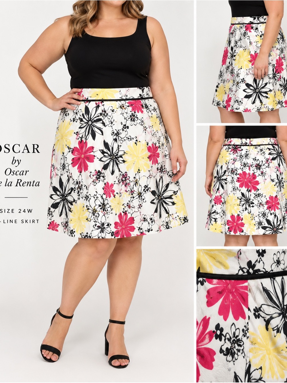 Oscar de la Renta Women’s Skirt 24W Floral A-Line Cotton Stretch Plus Size
